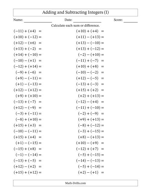 The Adding and Subtracting Mixed Integers from -15 to 15 (50 Questions; All Parentheses) (I) Math Worksheet