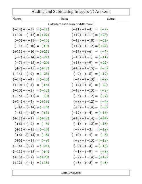 The Adding and Subtracting Mixed Integers from -15 to 15 (50 Questions; All Parentheses) (J) Math Worksheet Page 2