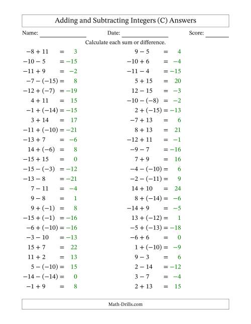 The Adding and Subtracting Mixed Integers from -15 to 15 (50 Questions) (C) Math Worksheet Page 2