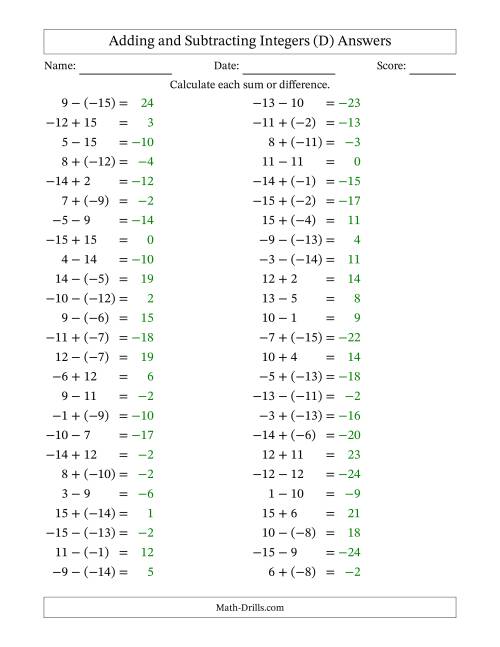 The Adding and Subtracting Mixed Integers from -15 to 15 (50 Questions) (D) Math Worksheet Page 2