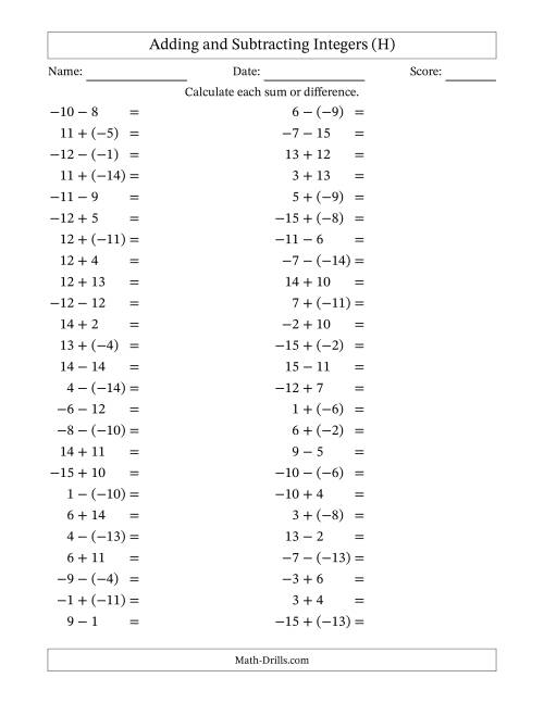 The Adding and Subtracting Mixed Integers from -15 to 15 (50 Questions) (H) Math Worksheet