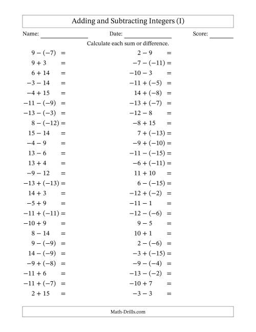 The Adding and Subtracting Mixed Integers from -15 to 15 (50 Questions) (I) Math Worksheet