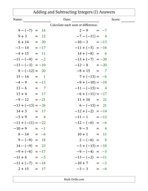 The Adding and Subtracting Mixed Integers from -15 to 15 (50 Questions) (I) Math Worksheet Page 2