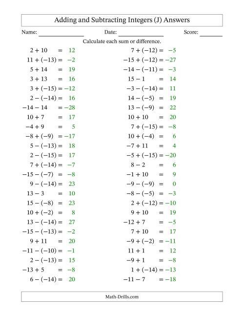 The Adding and Subtracting Mixed Integers from -15 to 15 (50 Questions) (J) Math Worksheet Page 2