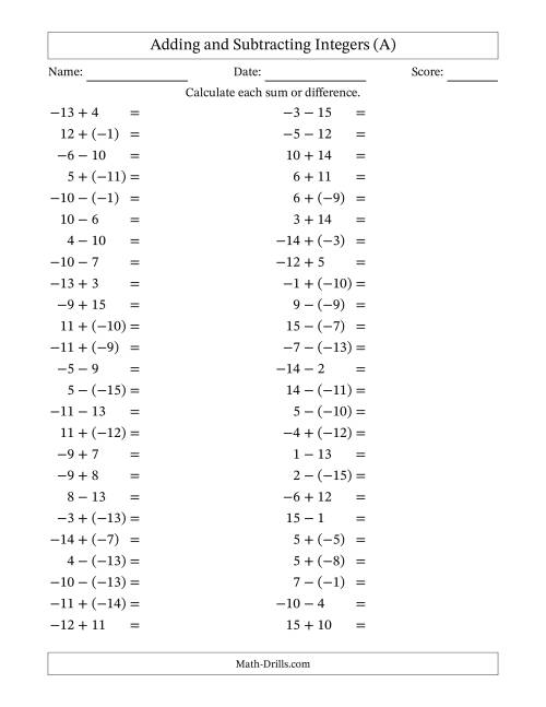 The Adding and Subtracting Mixed Integers from -15 to 15 (50 Questions) (All) Math Worksheet