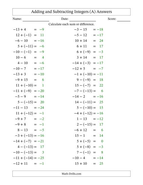 The Adding and Subtracting Mixed Integers from -15 to 15 (50 Questions) (All) Math Worksheet Page 2