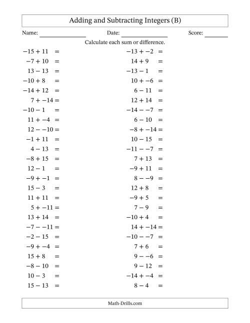 The Adding and Subtracting Mixed Integers from -15 to 15 (50 Questions; No Parentheses) (B) Math Worksheet