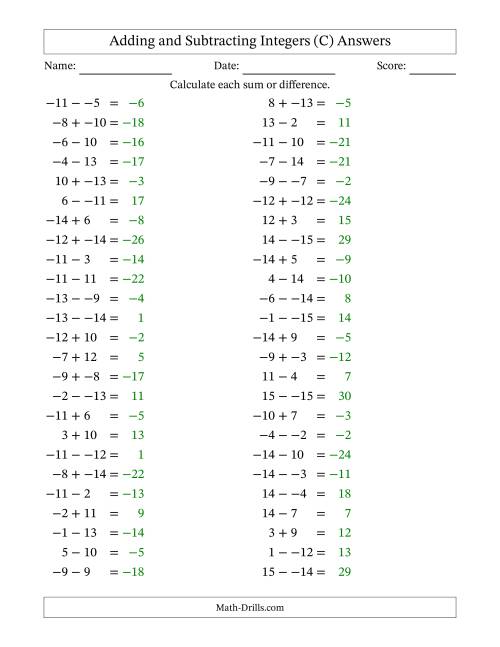 The Adding and Subtracting Mixed Integers from -15 to 15 (50 Questions; No Parentheses) (C) Math Worksheet Page 2