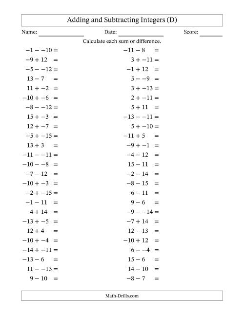 The Adding and Subtracting Mixed Integers from -15 to 15 (50 Questions; No Parentheses) (D) Math Worksheet