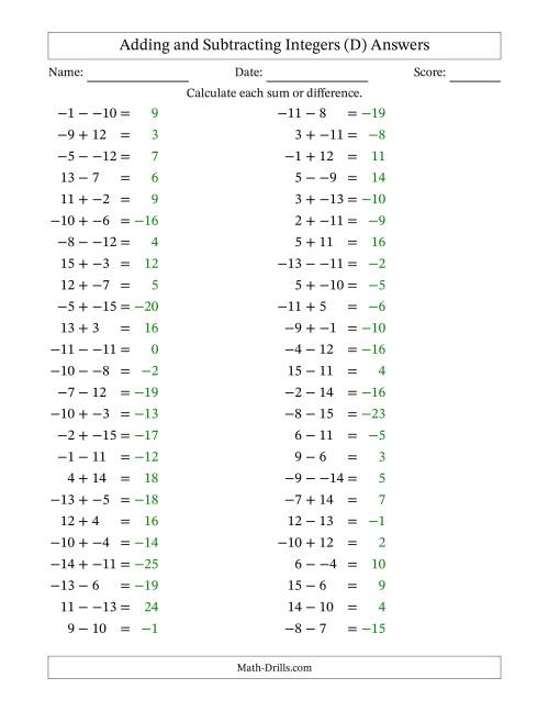The Adding and Subtracting Mixed Integers from -15 to 15 (50 Questions; No Parentheses) (D) Math Worksheet Page 2