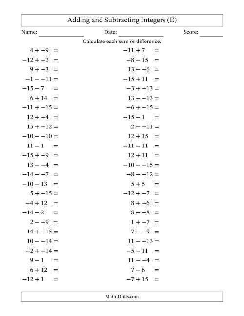 The Adding and Subtracting Mixed Integers from -15 to 15 (50 Questions; No Parentheses) (E) Math Worksheet