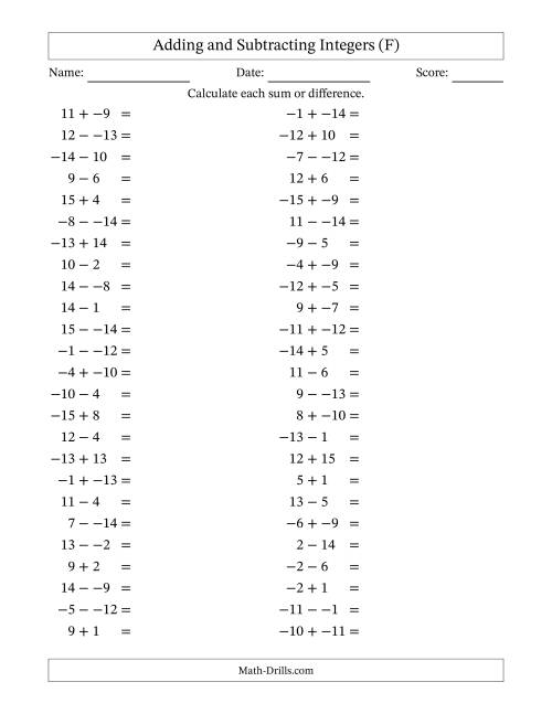 The Adding and Subtracting Mixed Integers from -15 to 15 (50 Questions; No Parentheses) (F) Math Worksheet