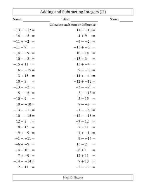 The Adding and Subtracting Mixed Integers from -15 to 15 (50 Questions; No Parentheses) (H) Math Worksheet