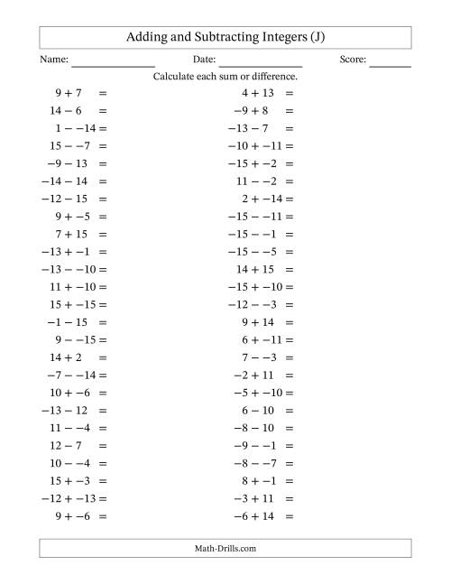 The Adding and Subtracting Mixed Integers from -15 to 15 (50 Questions; No Parentheses) (J) Math Worksheet