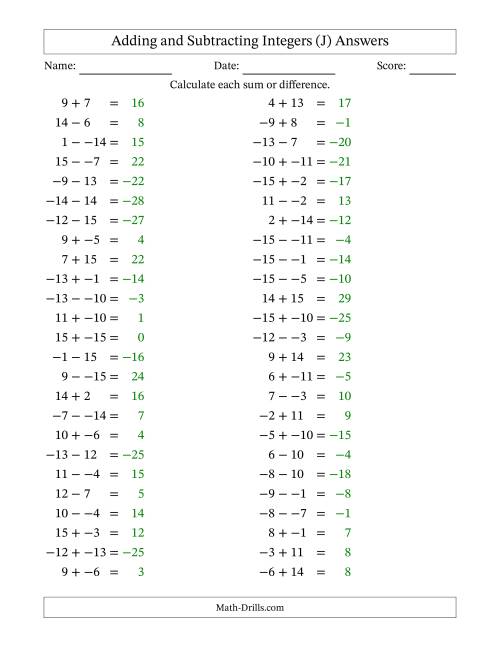 The Adding and Subtracting Mixed Integers from -15 to 15 (50 Questions; No Parentheses) (J) Math Worksheet Page 2