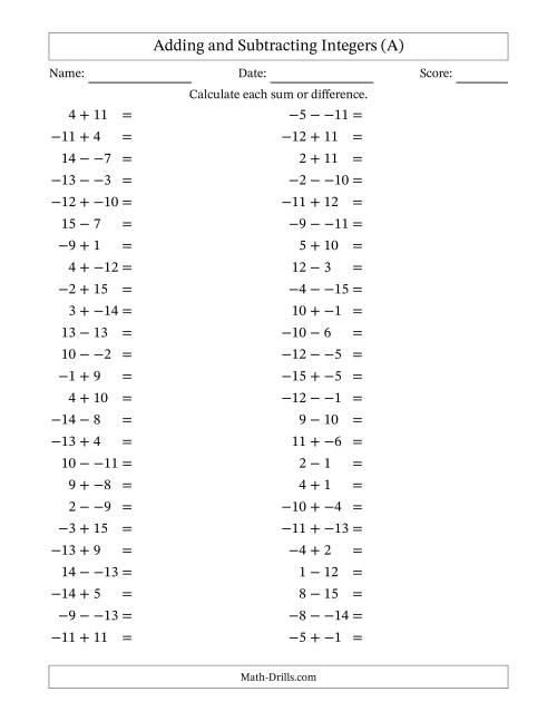 The Adding and Subtracting Mixed Integers from -15 to 15 (50 Questions; No Parentheses) (All) Math Worksheet
