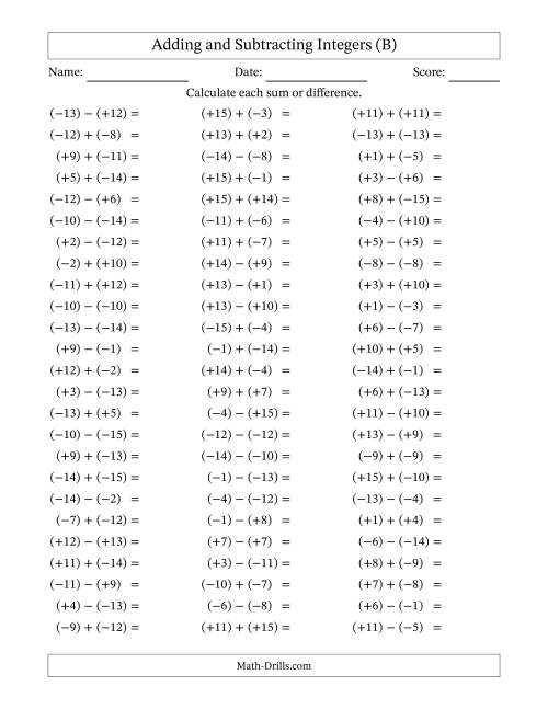 The Adding and Subtracting Mixed Integers from -15 to 15 (75 Questions; All Parentheses) (B) Math Worksheet