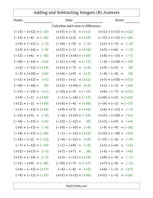 The Adding and Subtracting Mixed Integers from -15 to 15 (75 Questions; All Parentheses) (B) Math Worksheet Page 2