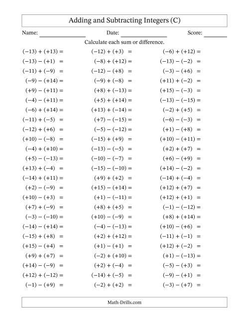 The Adding and Subtracting Mixed Integers from -15 to 15 (75 Questions; All Parentheses) (C) Math Worksheet