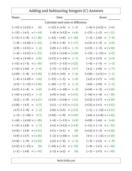 The Adding and Subtracting Mixed Integers from -15 to 15 (75 Questions; All Parentheses) (C) Math Worksheet Page 2