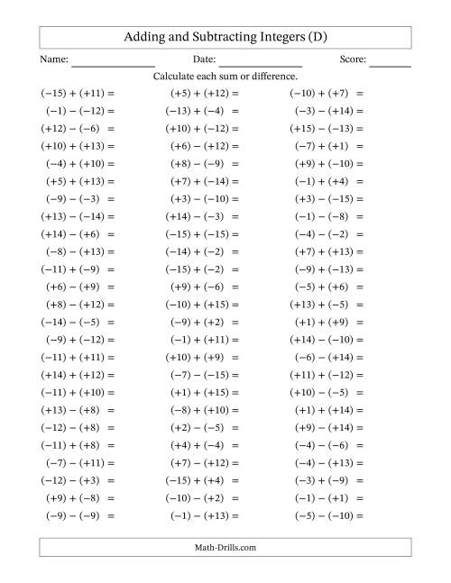 The Adding and Subtracting Mixed Integers from -15 to 15 (75 Questions; All Parentheses) (D) Math Worksheet