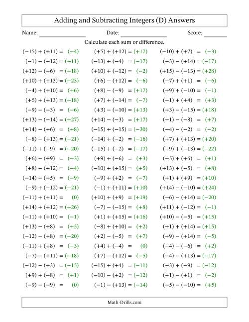 The Adding and Subtracting Mixed Integers from -15 to 15 (75 Questions; All Parentheses) (D) Math Worksheet Page 2