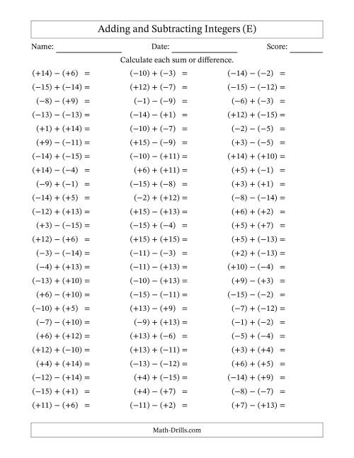The Adding and Subtracting Mixed Integers from -15 to 15 (75 Questions; All Parentheses) (E) Math Worksheet