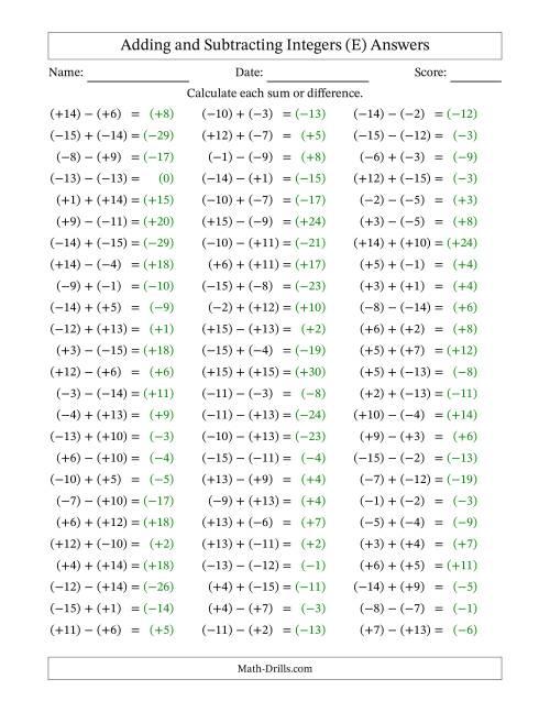 The Adding and Subtracting Mixed Integers from -15 to 15 (75 Questions; All Parentheses) (E) Math Worksheet Page 2