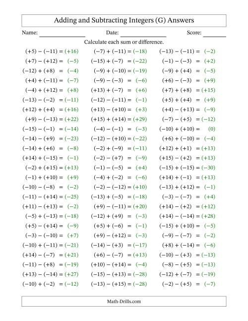 The Adding and Subtracting Mixed Integers from -15 to 15 (75 Questions; All Parentheses) (G) Math Worksheet Page 2