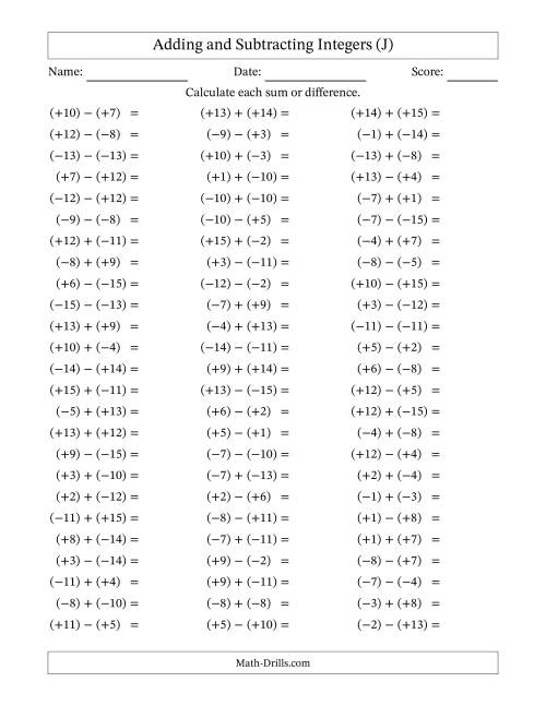 The Adding and Subtracting Mixed Integers from -15 to 15 (75 Questions; All Parentheses) (J) Math Worksheet