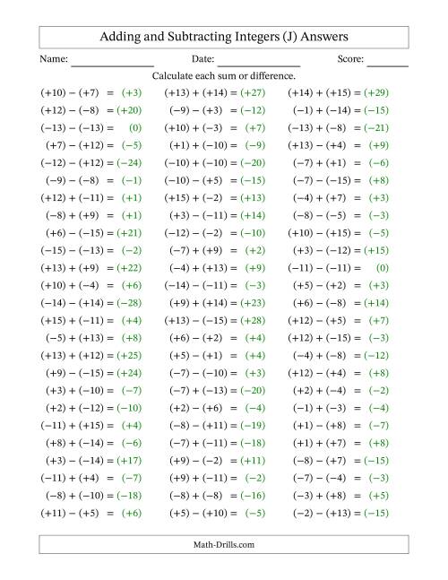 The Adding and Subtracting Mixed Integers from -15 to 15 (75 Questions; All Parentheses) (J) Math Worksheet Page 2