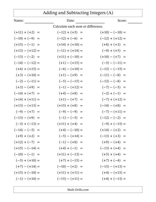The Adding and Subtracting Mixed Integers from -15 to 15 (75 Questions; All Parentheses) (All) Math Worksheet
