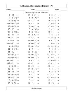 Adding and Subtracting Mixed Integers from -15 to 15 (75 Questions)