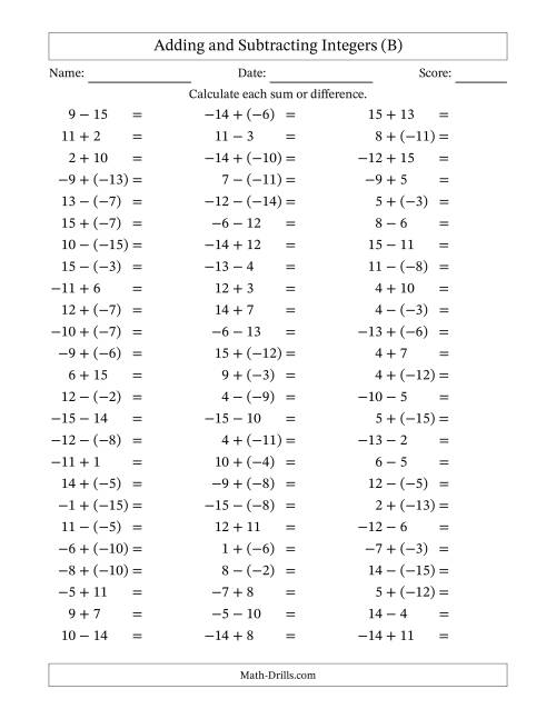 The Adding and Subtracting Mixed Integers from -15 to 15 (75 Questions) (B) Math Worksheet
