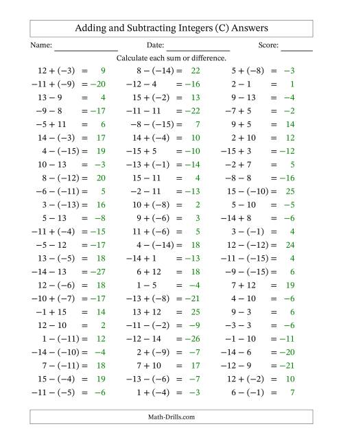 The Adding and Subtracting Mixed Integers from -15 to 15 (75 Questions) (C) Math Worksheet Page 2