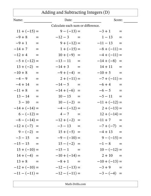 The Adding and Subtracting Mixed Integers from -15 to 15 (75 Questions) (D) Math Worksheet