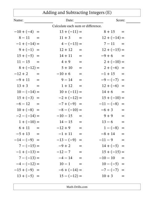 The Adding and Subtracting Mixed Integers from -15 to 15 (75 Questions) (E) Math Worksheet