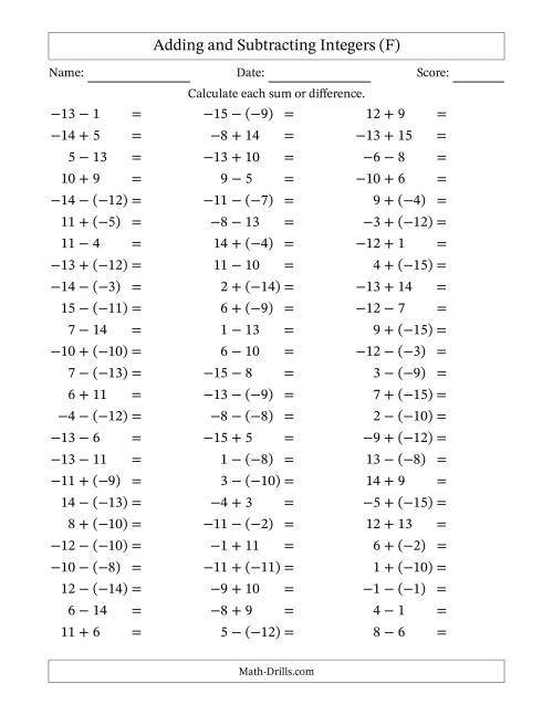 The Adding and Subtracting Mixed Integers from -15 to 15 (75 Questions) (F) Math Worksheet