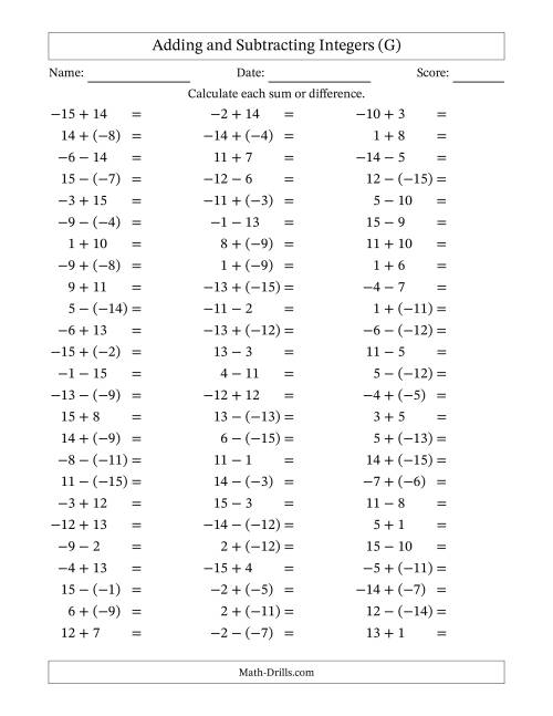 The Adding and Subtracting Mixed Integers from -15 to 15 (75 Questions) (G) Math Worksheet