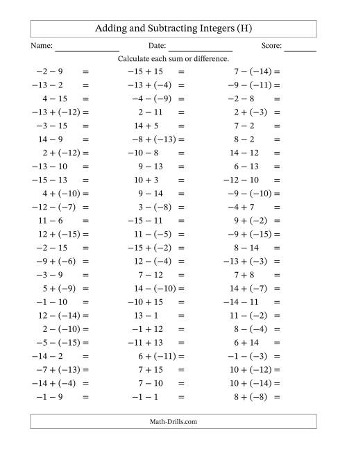 The Adding and Subtracting Mixed Integers from -15 to 15 (75 Questions) (H) Math Worksheet