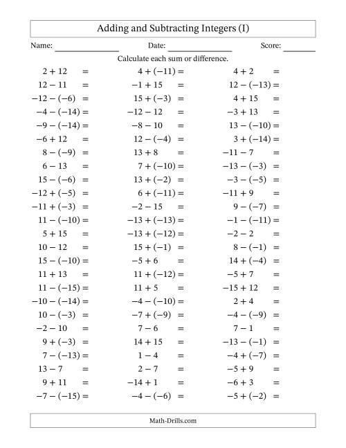 The Adding and Subtracting Mixed Integers from -15 to 15 (75 Questions) (I) Math Worksheet