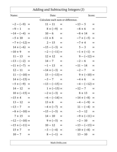 The Adding and Subtracting Mixed Integers from -15 to 15 (75 Questions) (J) Math Worksheet