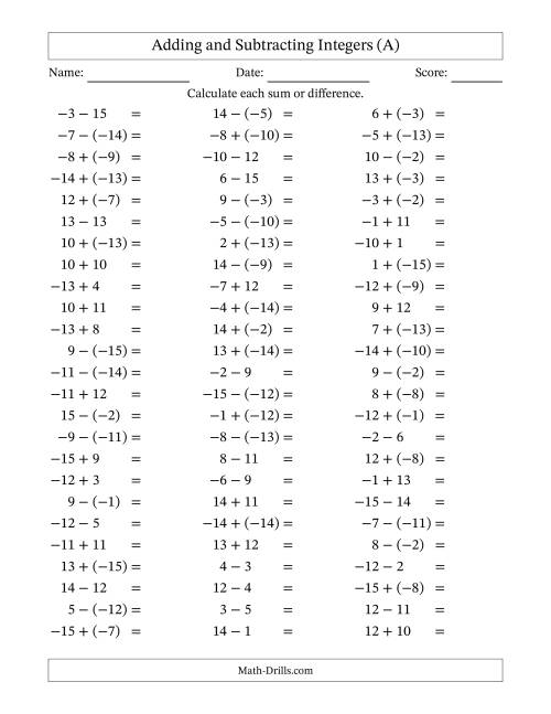 The Adding and Subtracting Mixed Integers from -15 to 15 (75 Questions) (All) Math Worksheet