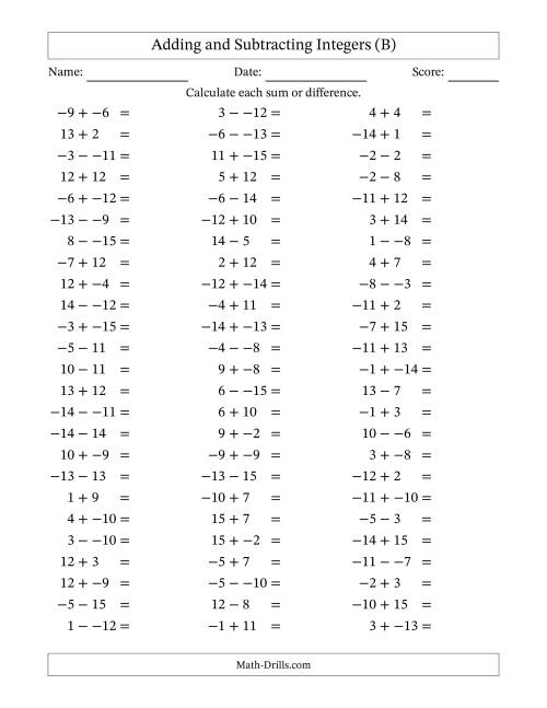 The Adding and Subtracting Mixed Integers from -15 to 15 (75 Questions; No Parentheses) (B) Math Worksheet