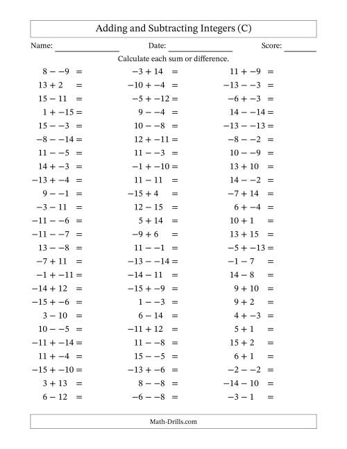 The Adding and Subtracting Mixed Integers from -15 to 15 (75 Questions; No Parentheses) (C) Math Worksheet