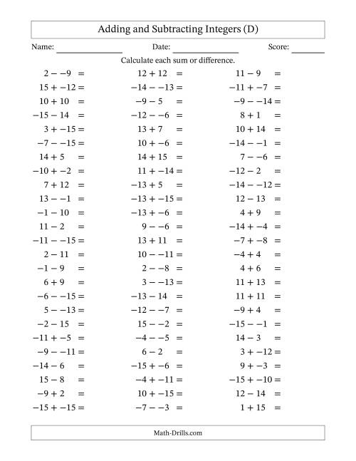 The Adding and Subtracting Mixed Integers from -15 to 15 (75 Questions; No Parentheses) (D) Math Worksheet