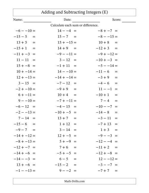 The Adding and Subtracting Mixed Integers from -15 to 15 (75 Questions; No Parentheses) (E) Math Worksheet
