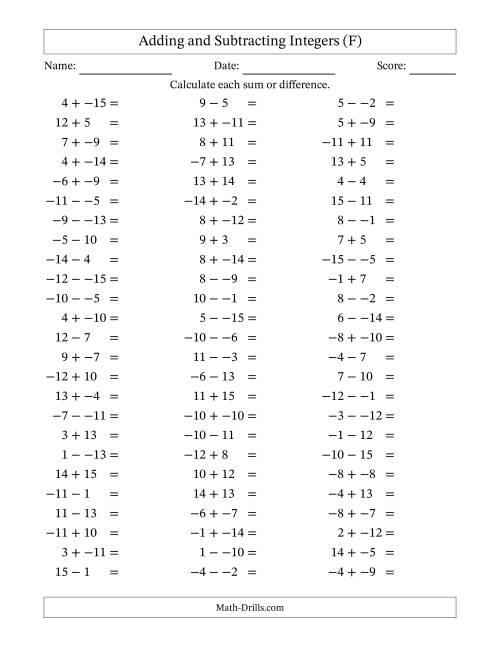 The Adding and Subtracting Mixed Integers from -15 to 15 (75 Questions; No Parentheses) (F) Math Worksheet