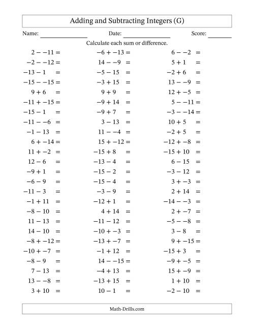 The Adding and Subtracting Mixed Integers from -15 to 15 (75 Questions; No Parentheses) (G) Math Worksheet