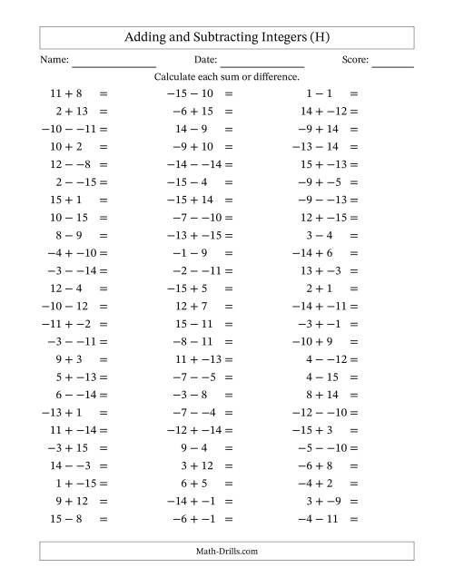 The Adding and Subtracting Mixed Integers from -15 to 15 (75 Questions; No Parentheses) (H) Math Worksheet